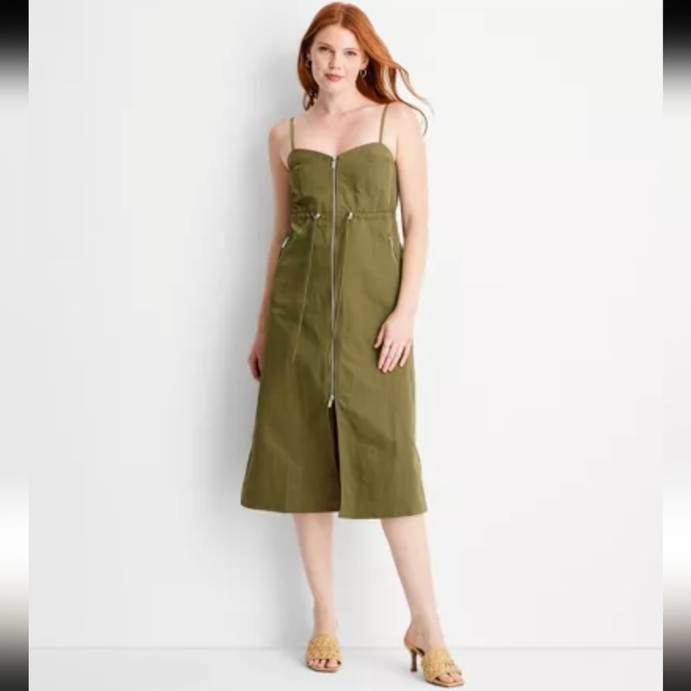 Future Collective Olive Greem Nylon Spaghetti Strap Midi Dress, Size M